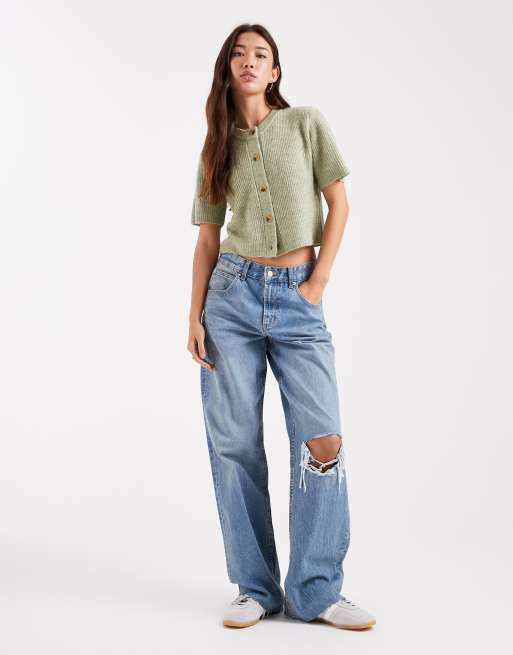 Brave Soul crew neck knitted short sleeve cardigan in sage green, 2 of 4