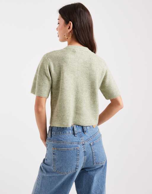 Brave Soul crew neck knitted short sleeve cardigan in sage green, 3 of 4