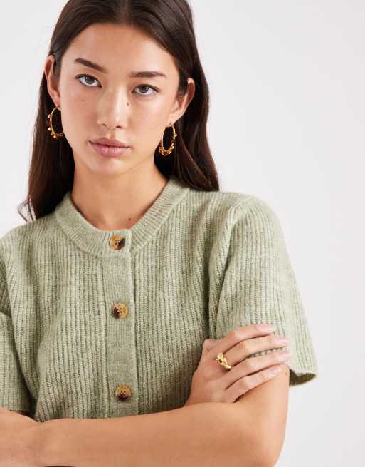 Brave Soul crew neck knitted short sleeve cardigan in sage green, 4 of 4