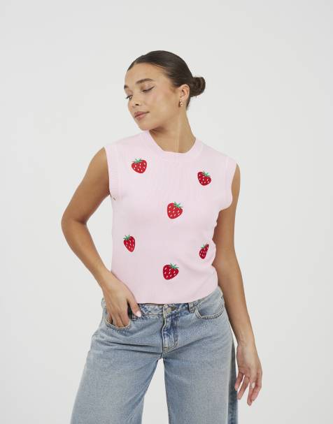 Brave Soul Crew neck knitted tank with strawberry embroidery in pink - view 1