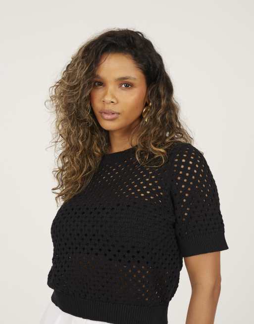 Brave Soul Crew neck open mesh knit t-shirt in black, 3 of 4