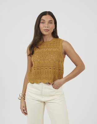 Brave Soul Crew neck pointelle knit tank in mustard-Yellow