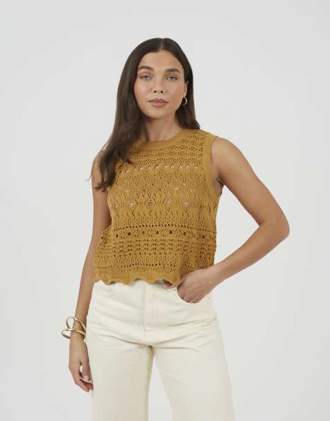Brave Soul Crew neck pointelle knit tank in mustard