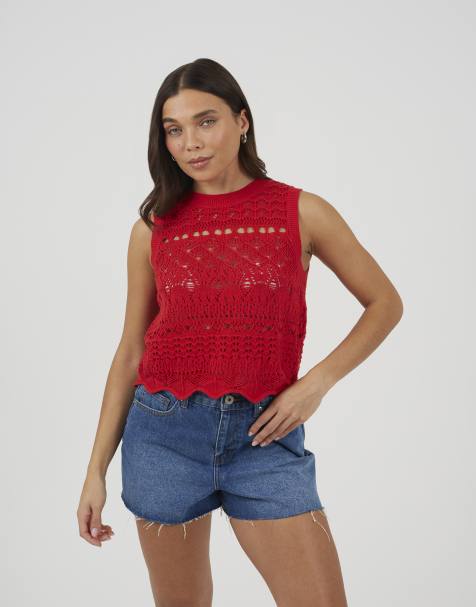 Brave Soul Crew neck pointelle knit tank in red