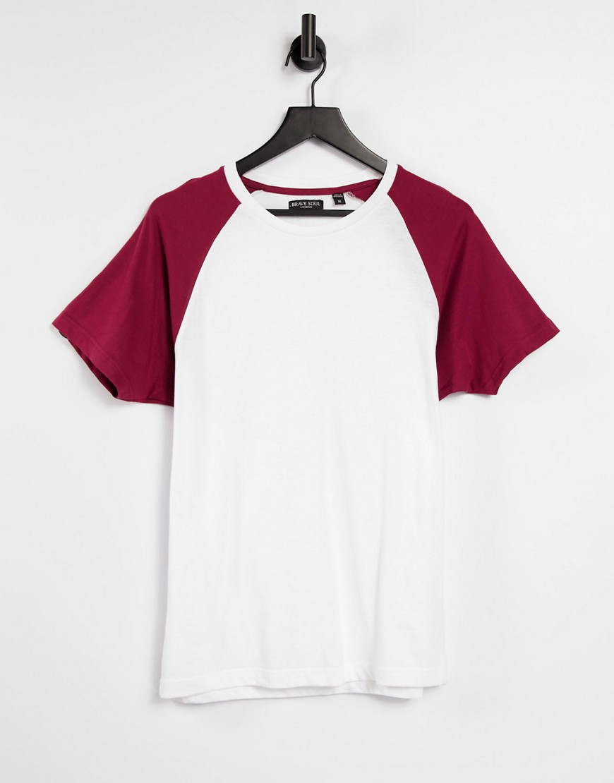 Brave Soul crew neck raglan T-shirt in white and burgundy