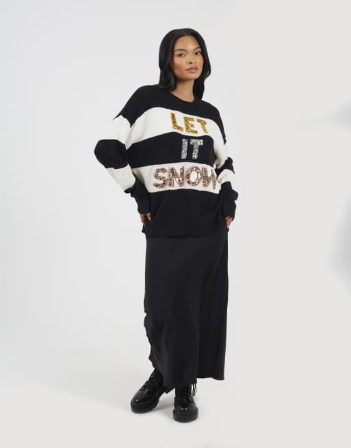 Brave Soul Crew neck sequin christmas jumper in black, 3 of 4