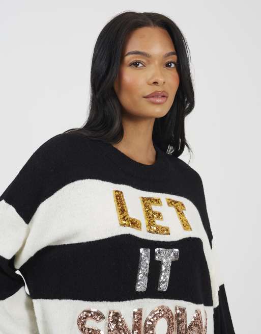 Brave Soul Crew neck sequin christmas jumper in black, 4 of 4