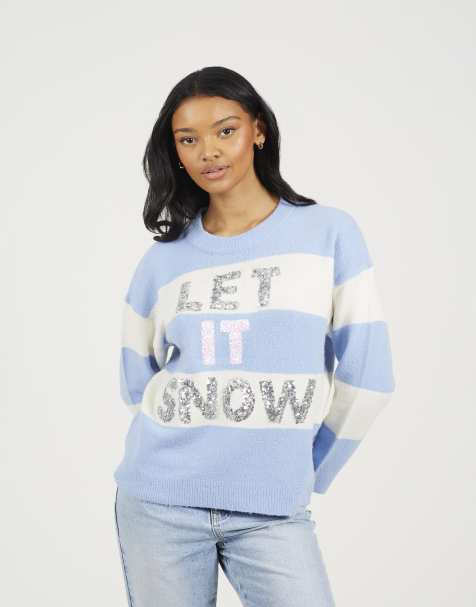 Brave Soul Crew neck sequin christmas jumper in blue - view 1