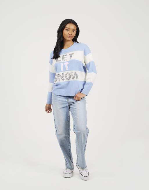 Brave Soul Crew neck sequin christmas jumper in blue, 3 of 3