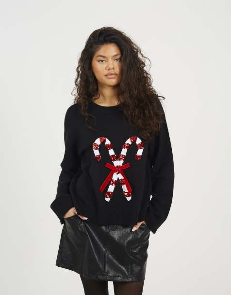 Brave Soul Crew neck sequin graphic christmas jumper in black - view 1