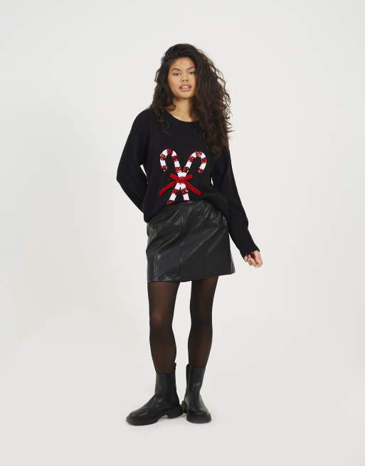 Brave Soul Crew neck sequin graphic christmas jumper in black, 3 of 4