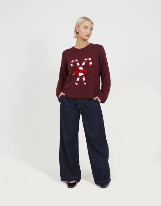 Brave Soul Crew neck sequin graphic christmas jumper in wine, 3 of 4