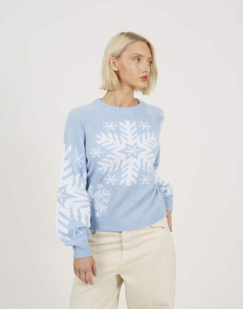 Brave Soul Crew neck snowflake christmas jumper in pale blue