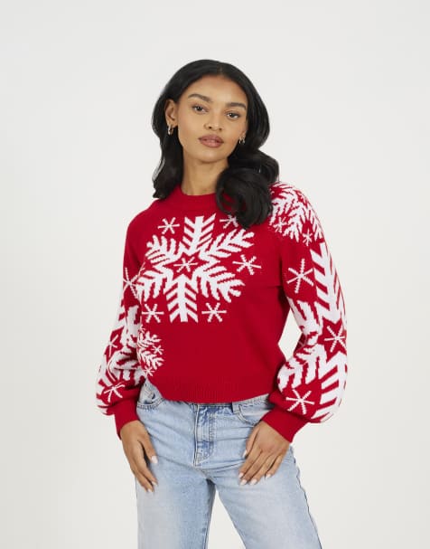 Brave Soul Crew neck snowflake christmas jumper in red
