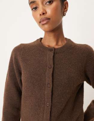 Brave Soul Crew Neck Soft Touch Cardigan In Brown