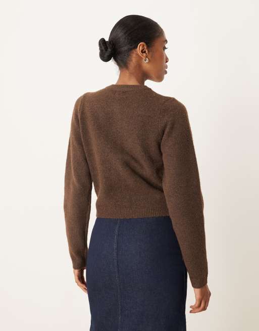 Brave Soul crew neck soft touch cardigan in brown, 4 of 4