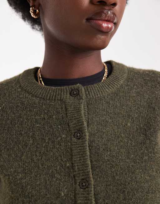 Brave Soul crew neck soft touch cardigan in khaki green, 3 of 4