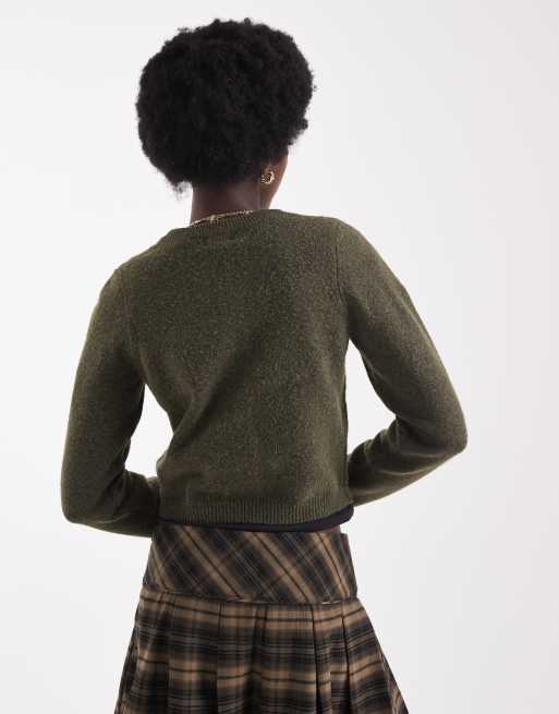 Brave Soul crew neck soft touch cardigan in khaki green, 4 of 4