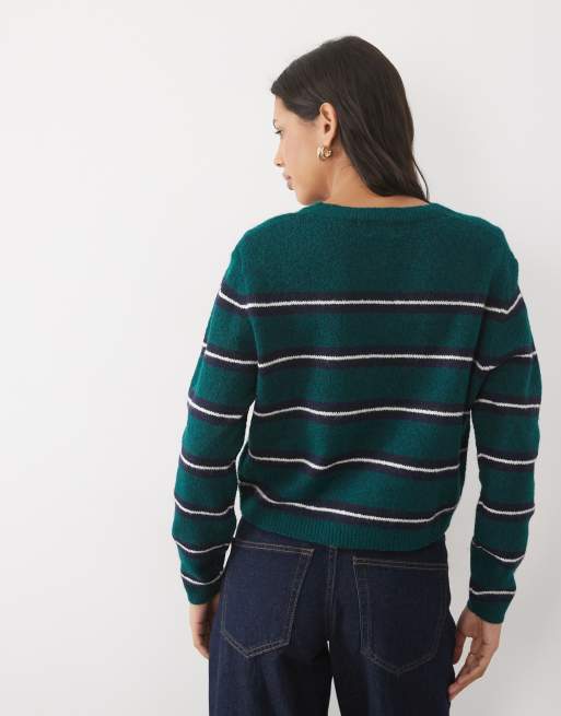 Brave Soul crew neck stripe cardigan in green, navy and ivory, 4 of 9