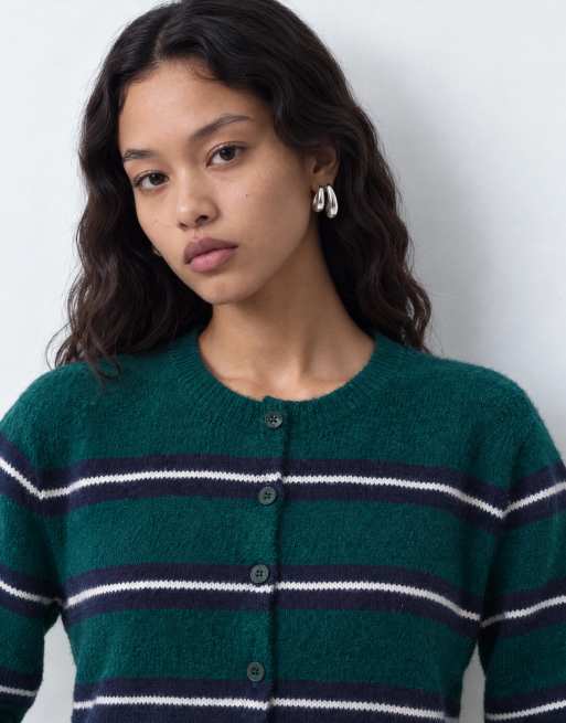 Brave Soul crew neck stripe cardigan in green, navy and ivory, 7 of 9