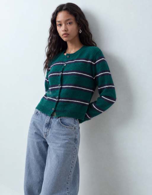 Brave Soul crew neck stripe cardigan in green, navy and ivory, 9 of 9