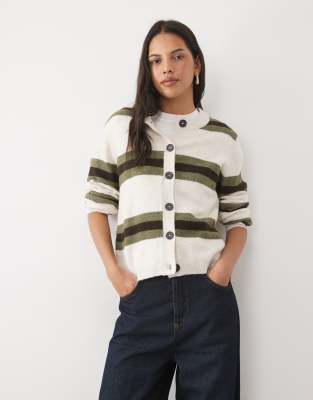 Brave Soul Crew Neck Stripe Cardigan In White