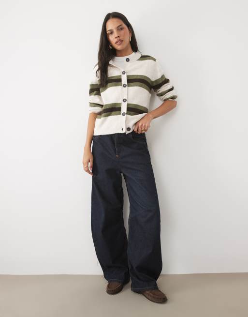 Brave Soul crew neck stripe cardigan in ivory, olive green and brown, 2 of 4