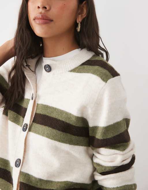 Brave Soul crew neck stripe cardigan in ivory, olive green and brown, 3 of 4