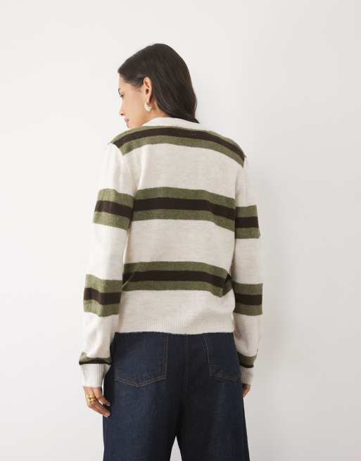 Brave Soul crew neck stripe cardigan in ivory, olive green and brown, 4 of 4