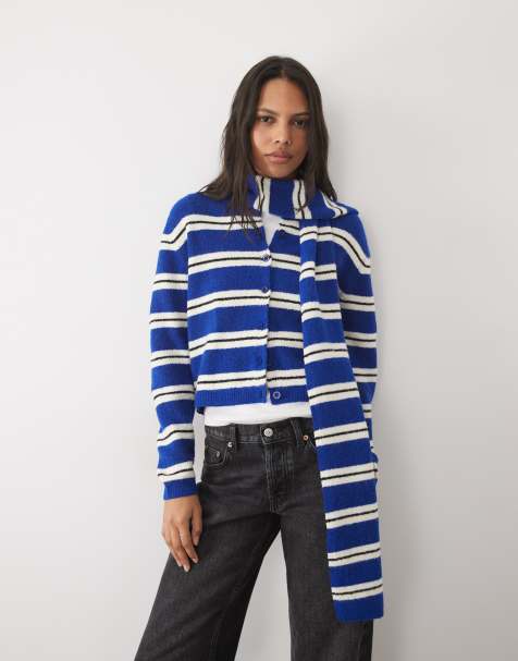 Brave Soul crew neck stripe cardigan with matching scarf in blue and white - view 1