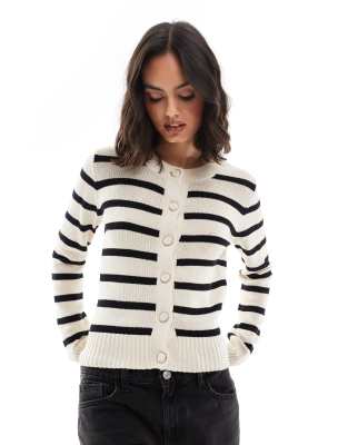 Brave Soul crew neck stripe jersey knitted cardigan with gold buttons