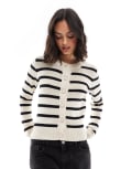 [Brave Soul] Brave Soul crew neck stripe jersey knitted cardigan with gold buttons-White XL White