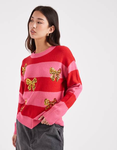 Brave Soul crew neck stripe jumper with sequin bow detail in pink and red - view 1