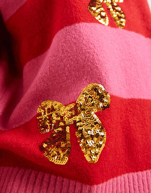 Brave Soul crew neck stripe jumper with sequin bow detail in pink and red, 4 of 4