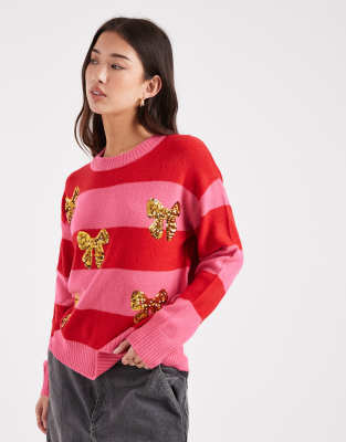 Brave Soul Crew Neck Striped Sweater With Sequin Bow Detailing In Pink