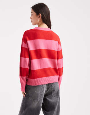 Brave Soul Crew Neck Striped Sweater With Sequin Bow Detailing In Pink