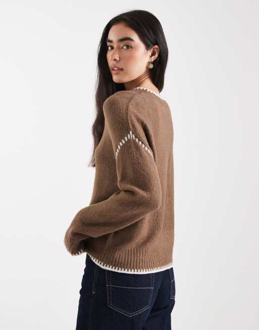 Brave Soul crew neck sweater with contrast stitching in mocha | ASOS