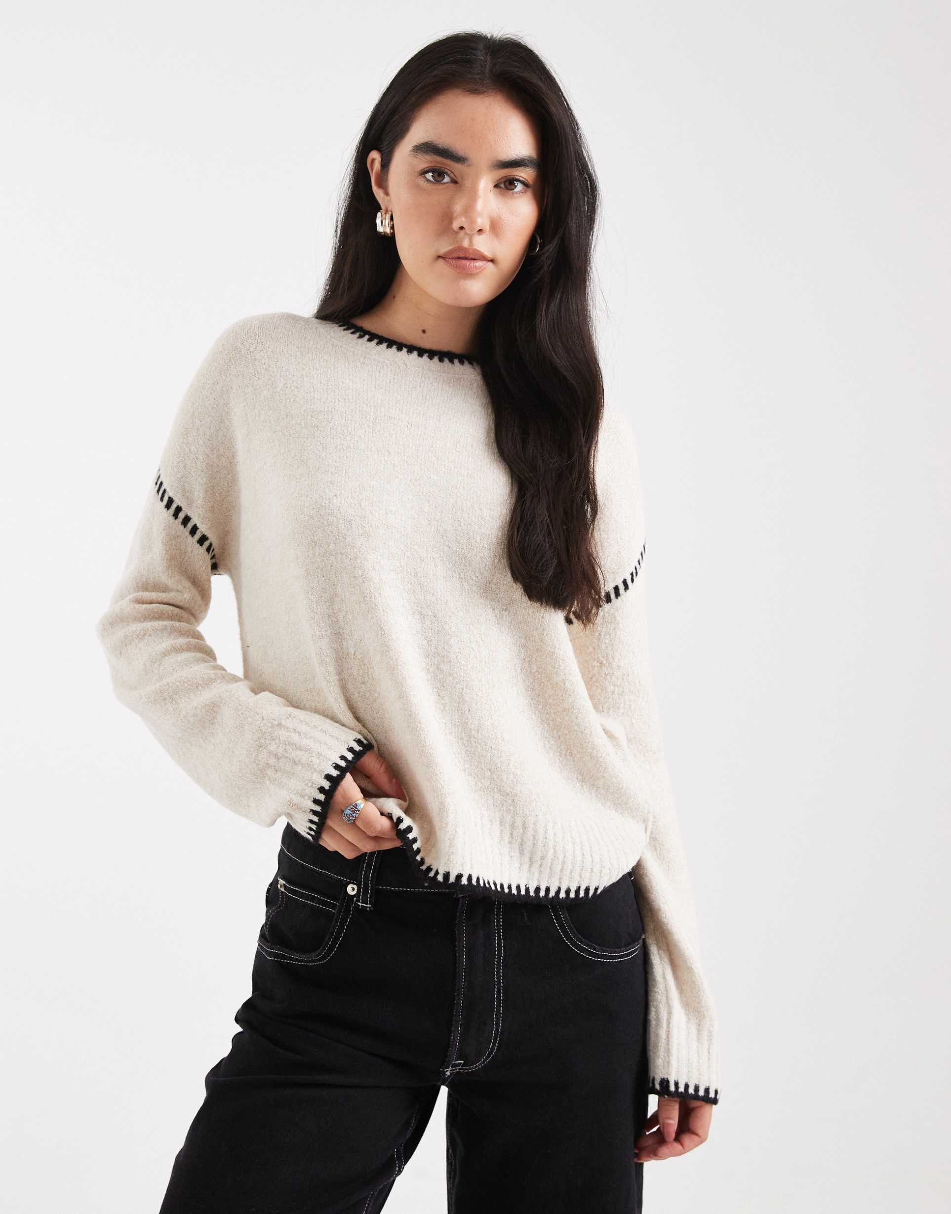 brave soul crew neck sweater with contrast stitching in oat