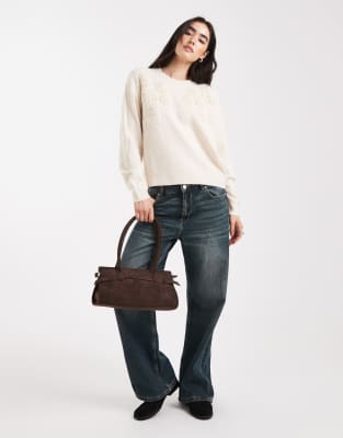 Brave Soul Crew Neck Sweater With Flower Embroider Detail In Neutral