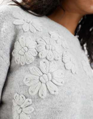 Brave Soul Crew Neck Sweater With Flower Embroidery Detail In Gray