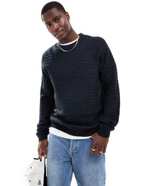 Brave Soul crew neck textured knitted jumper in navy - view 1