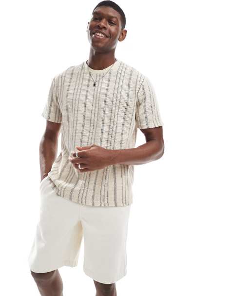 Brave Soul crew neck textured t-shirt in ecru & black stripes - view 1