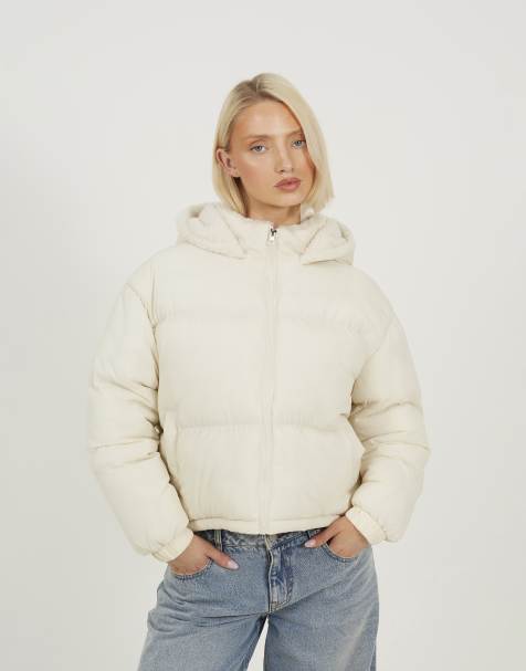 Brave Soul Crinkle oversized short puffer jacket in cream