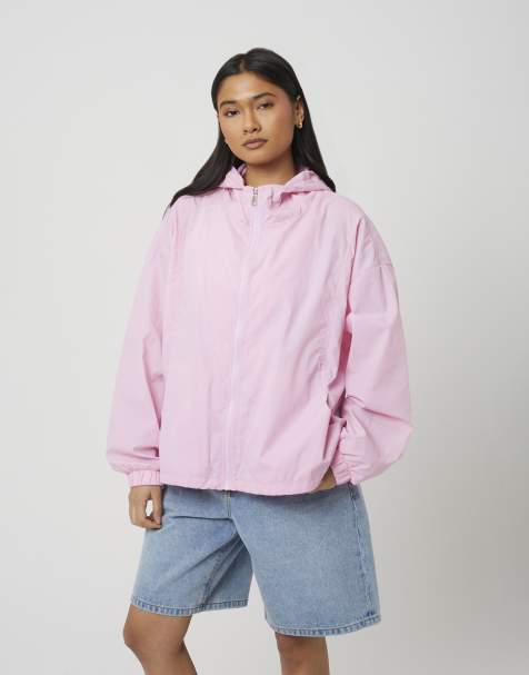 Brave Soul Crinkle windbreaker jacket with bungee hem in pink - view 1