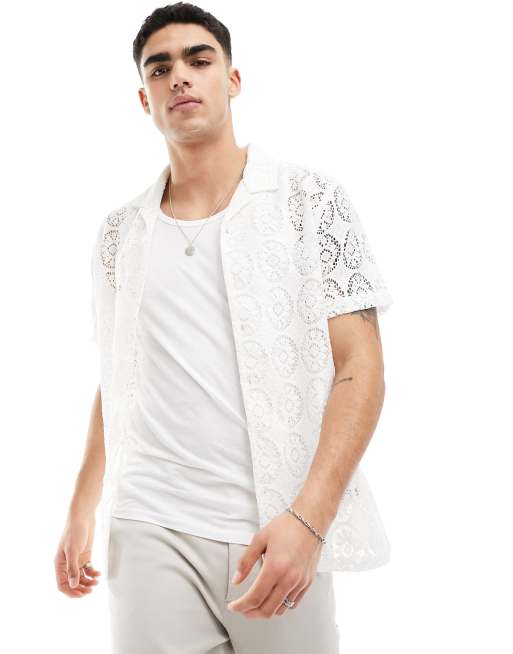 Brave Soul crochet camp collar shirt in off white