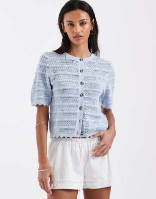 Brave Soul Crochet Knit Short Sleeve Cardigan With Scallop Detail In Blue