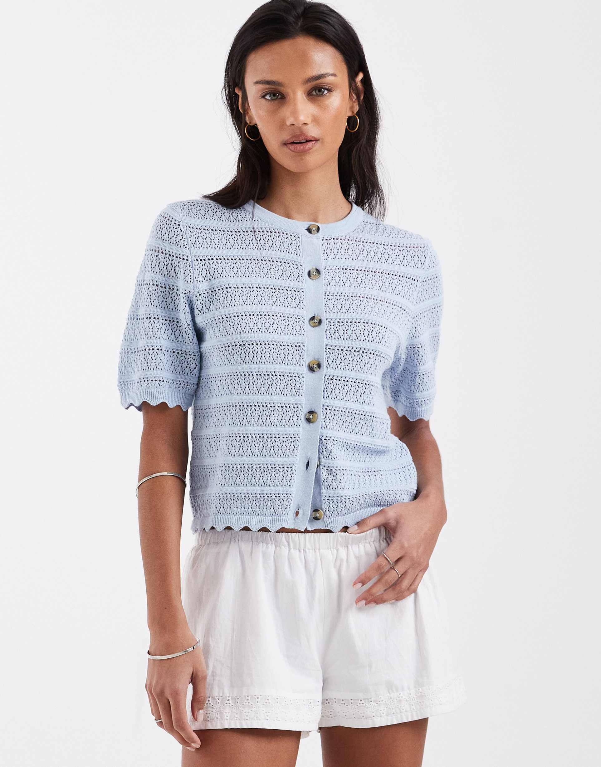 brave soul crochet knit short sleeve cardigan with scallop detail in baby blue