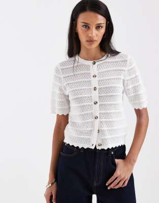 Brave Soul Crochet Knit Short Sleeve Cardigan With Scallop Detailing In White