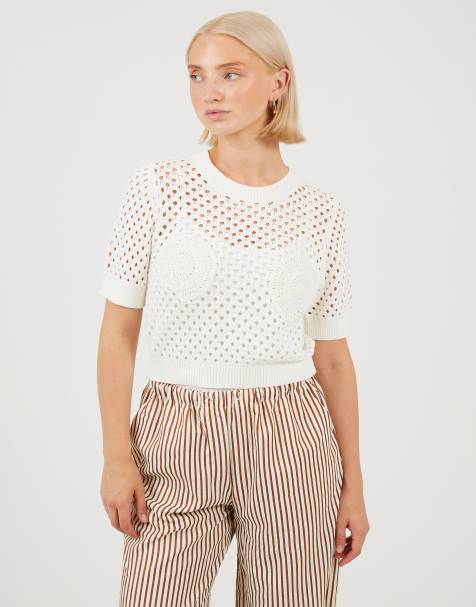 Brave Soul Crochet knit short sleeve t-shirt with shell detail in white