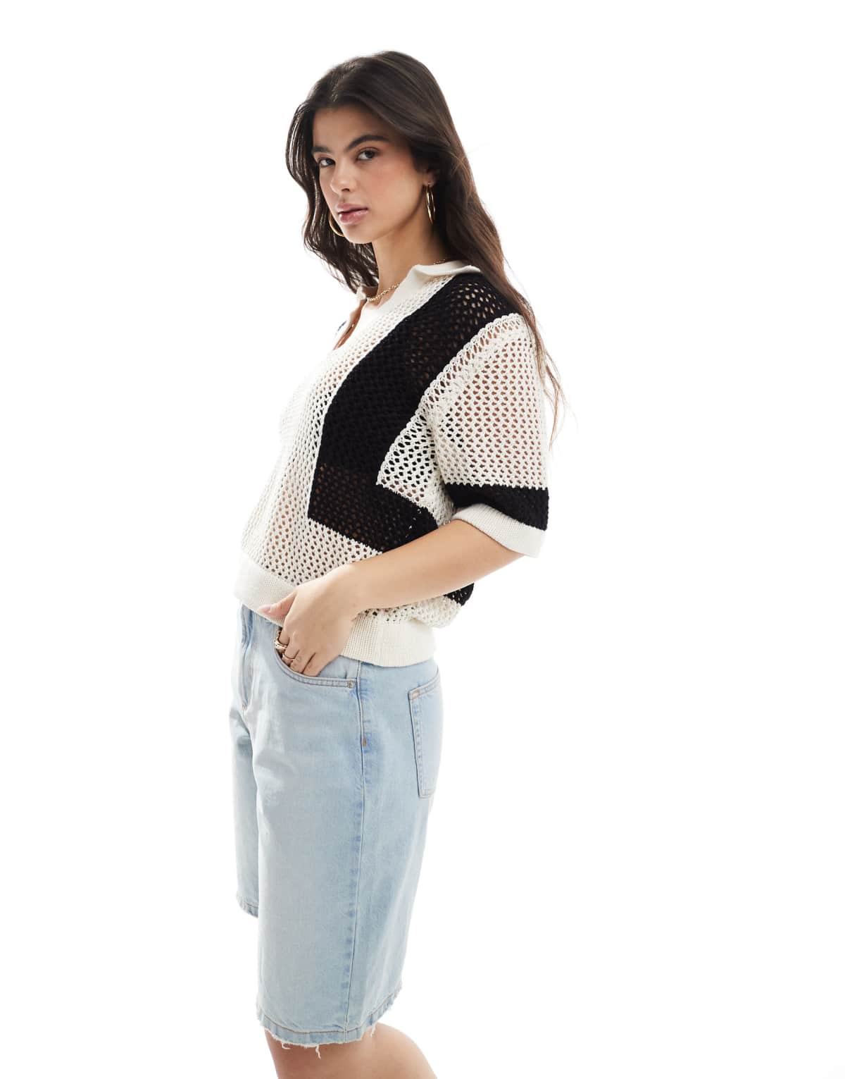 Brave Soul crochet knitted shirt in cream and black